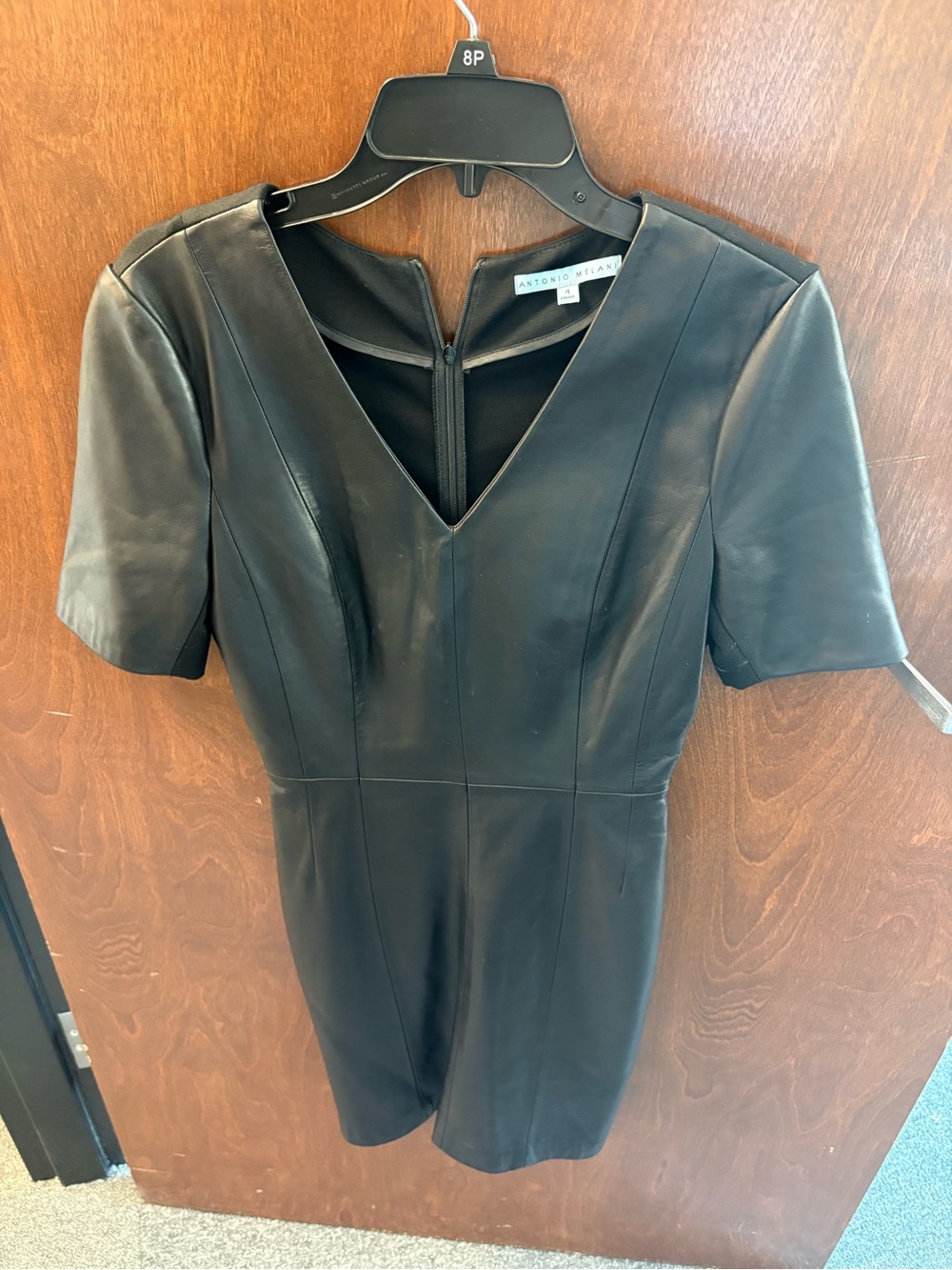 Antonio Melani Black Leather V-Neck Dress